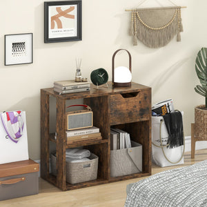 3-Cube Bookcase 2-tier Wooden Storage Shelf with Pull-out Drawer-Brown