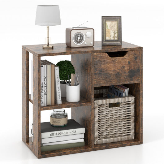 3-Cube Bookcase 2-tier Wooden Storage Shelf with Pull-out Drawer-Brown