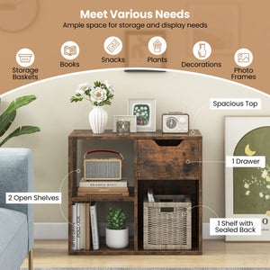 3-Cube Bookcase 2-tier Wooden Storage Shelf with Pull-out Drawer-Brown