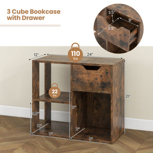 3-Cube Bookcase 2-tier Wooden Storage Shelf with Pull-out Drawer-Brown