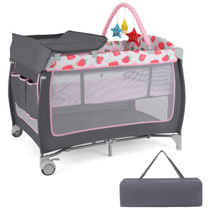 3-in-1 Portable Baby Playard with Zippered Door and Toy Bar-Red