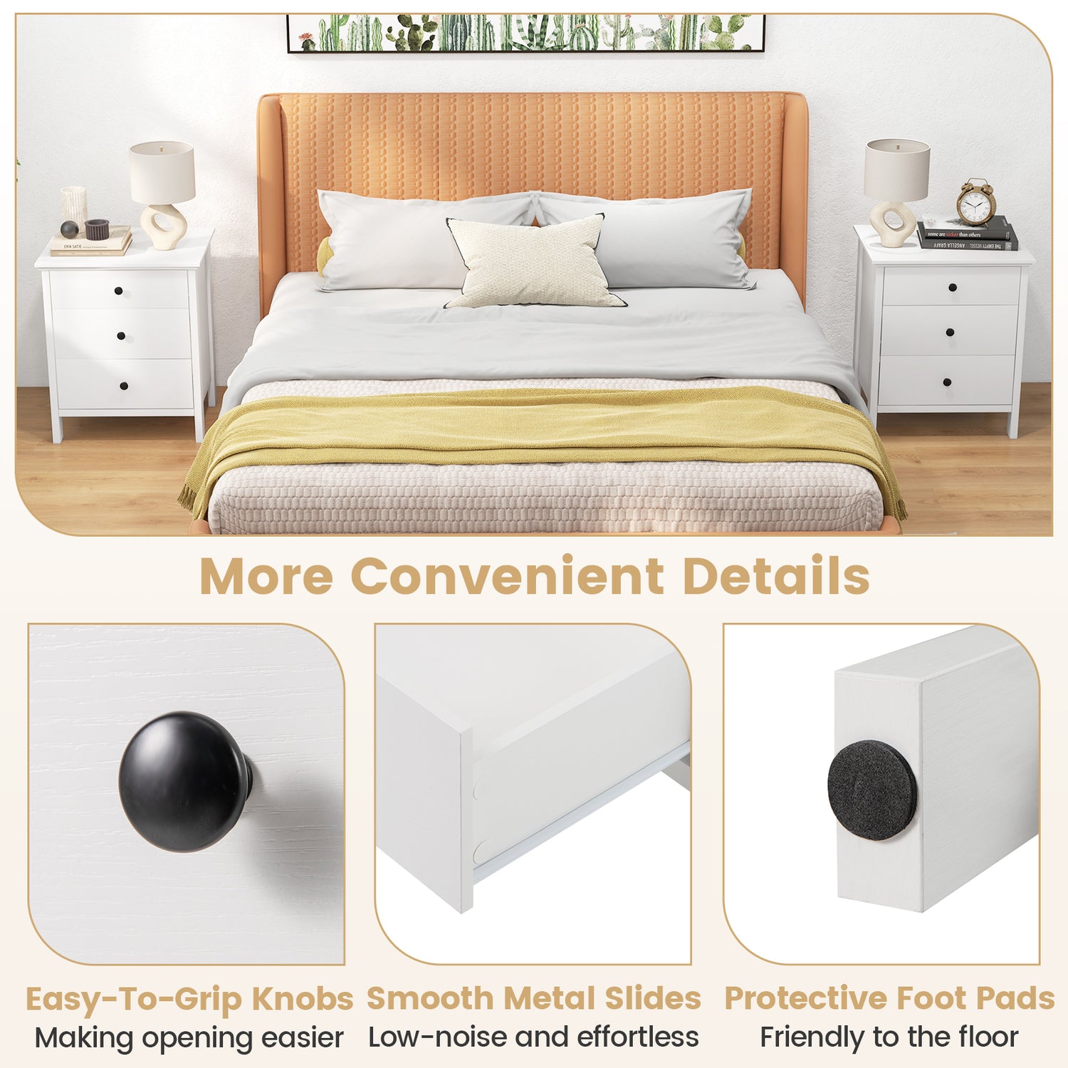 3-Drawer Wooden Nightstand Modern Bedside Table-White