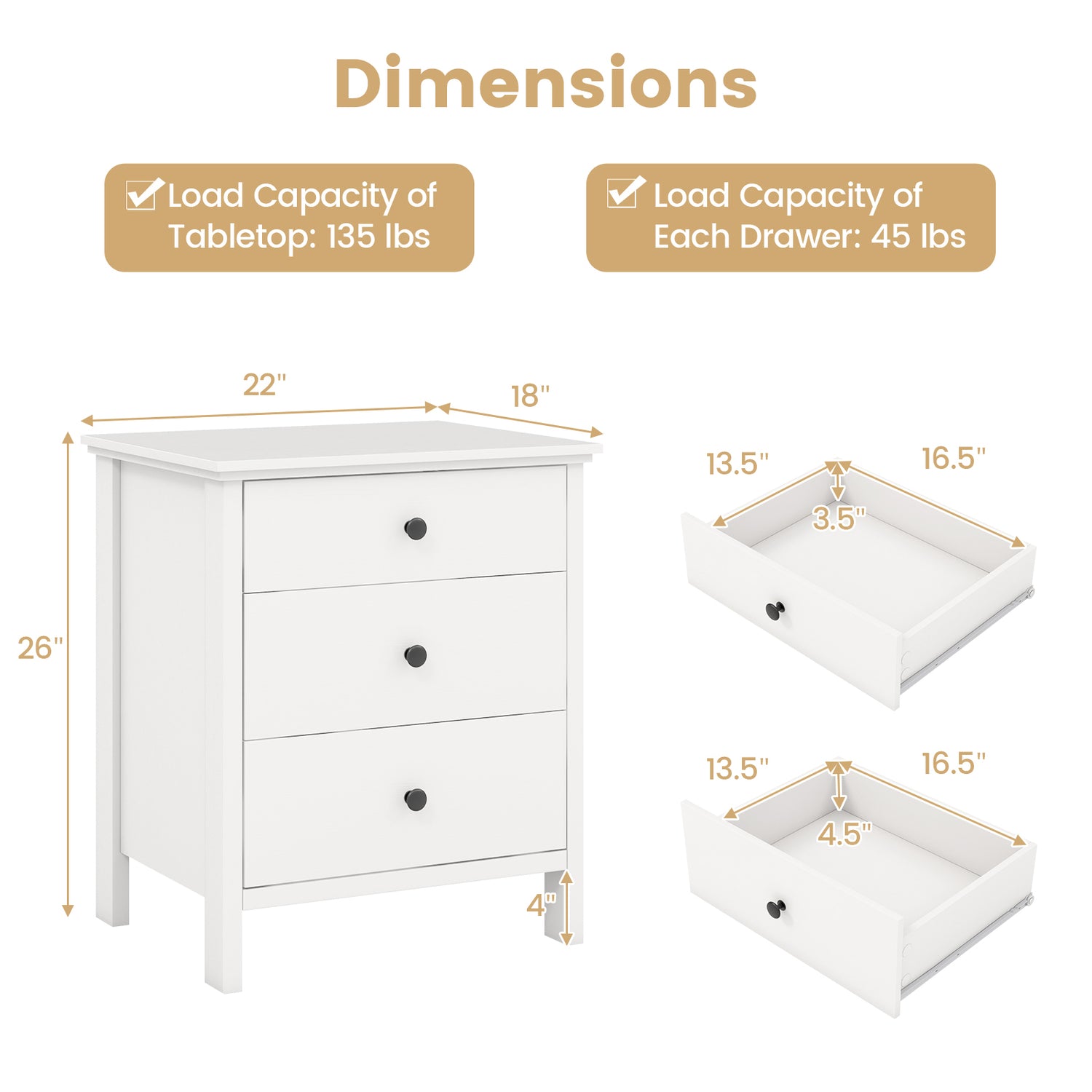 3-Drawer Wooden Nightstand Modern Bedside Table-White