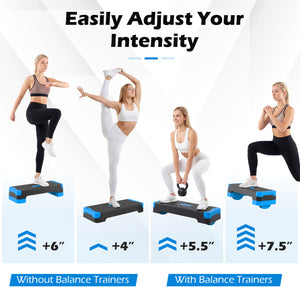3-in-1 Aerobic Step Platform Set with 2 Stackable Risers and Balance Trainers for Home-Blue