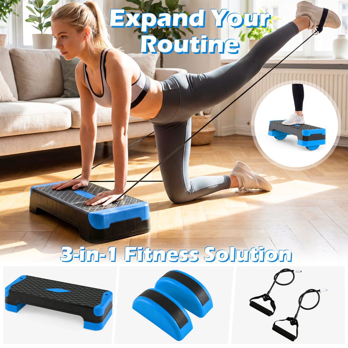 3-in-1 Aerobic Step Platform Set with 2 Stackable Risers and Balance Trainers for Home-Blue