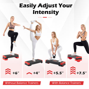 3-in-1 Aerobic Step Platform Set with 2 Stackable Risers and Balance Trainers for Home-Red
