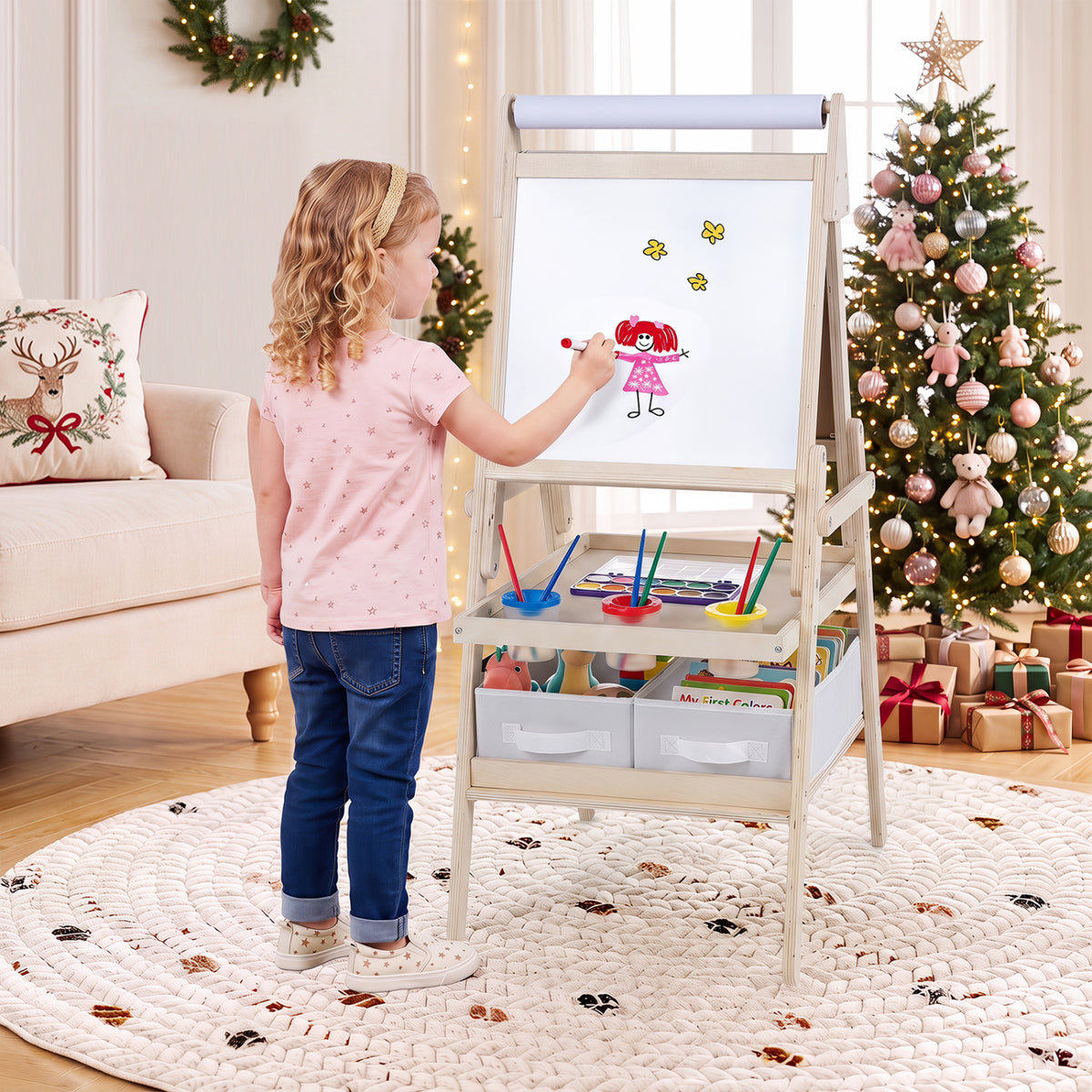 3-in-1 Art Easel for Kids with Magnetic Chalkboard and Whiteboard-Natrual