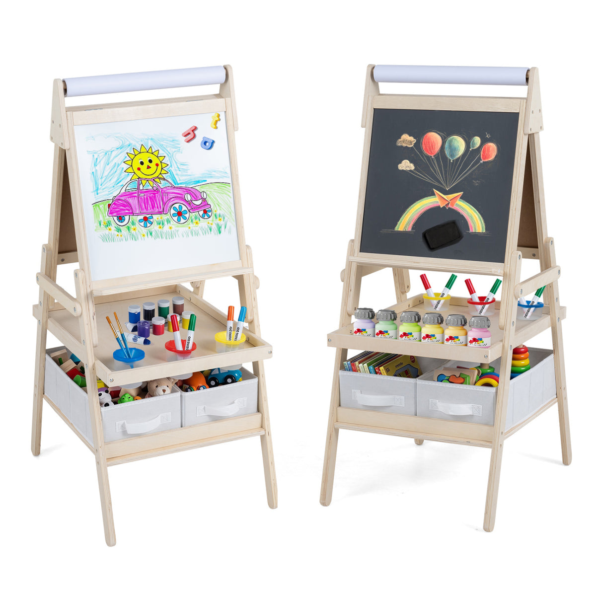 3-in-1 Art Easel for Kids with Magnetic Chalkboard and Whiteboard-Natrual