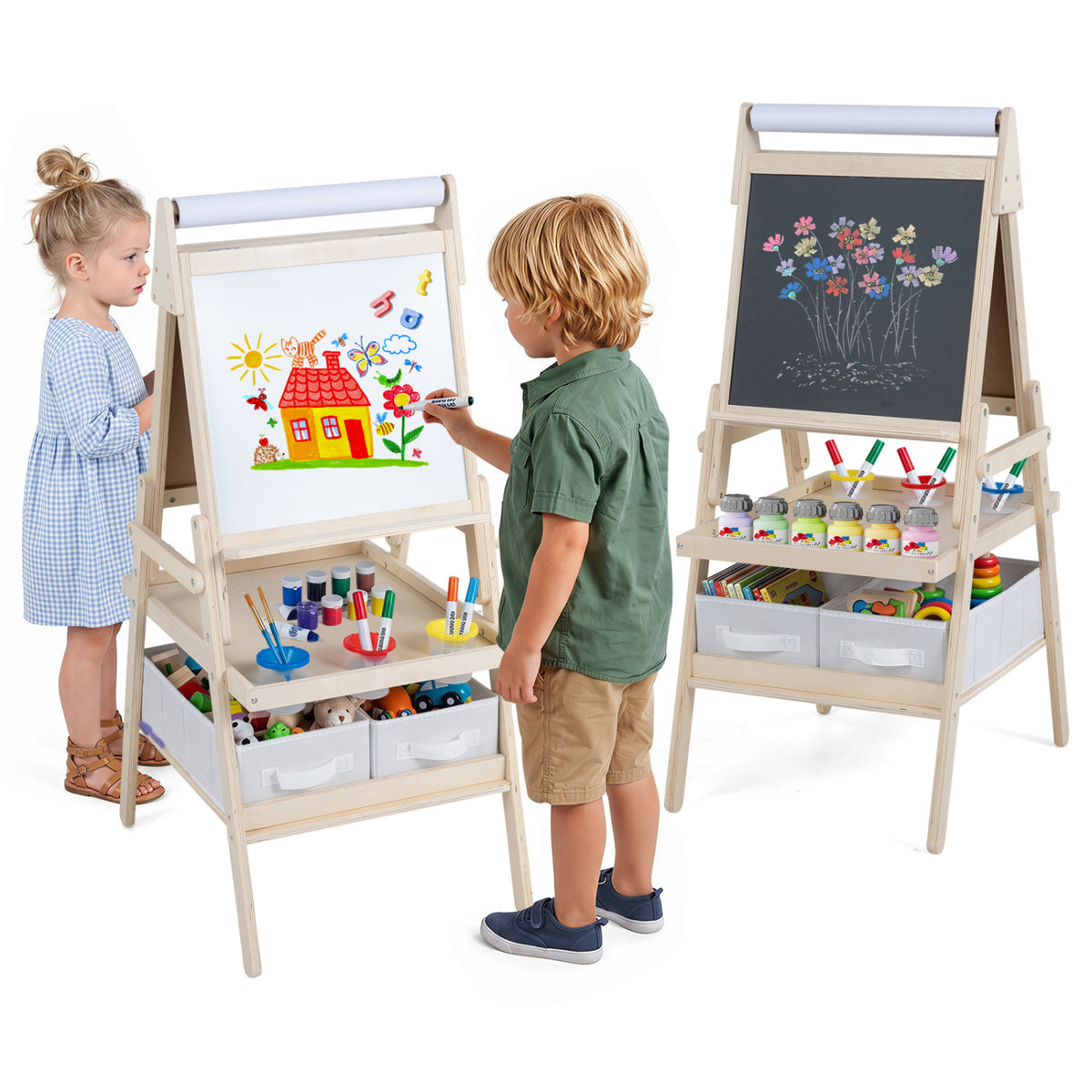 3-in-1 Art Easel for Kids with Magnetic Chalkboard and Whiteboard-Natrual