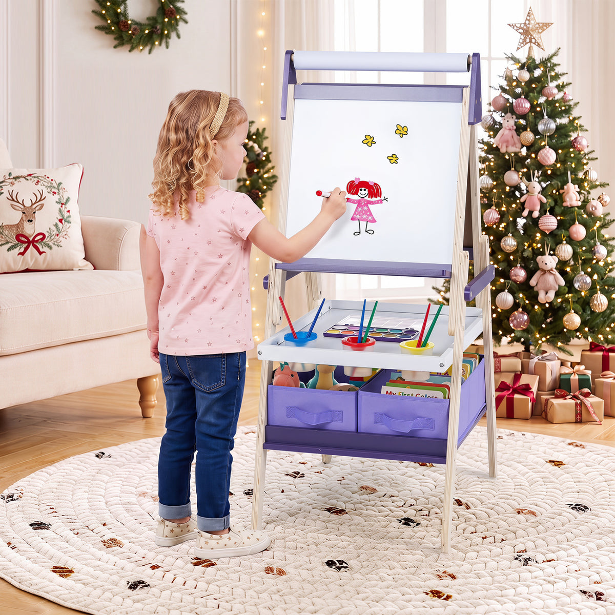 3-in-1 Art Easel for Kids with Magnetic Chalkboard and Whiteboard-Purple