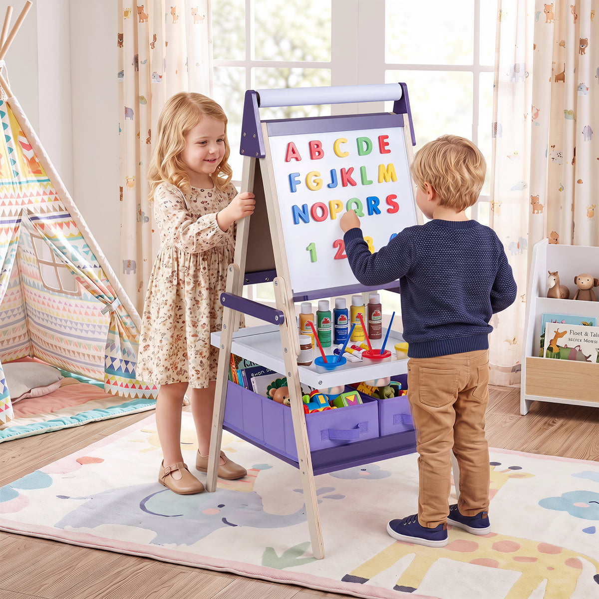 3-in-1 Art Easel for Kids with Magnetic Chalkboard and Whiteboard-Purple
