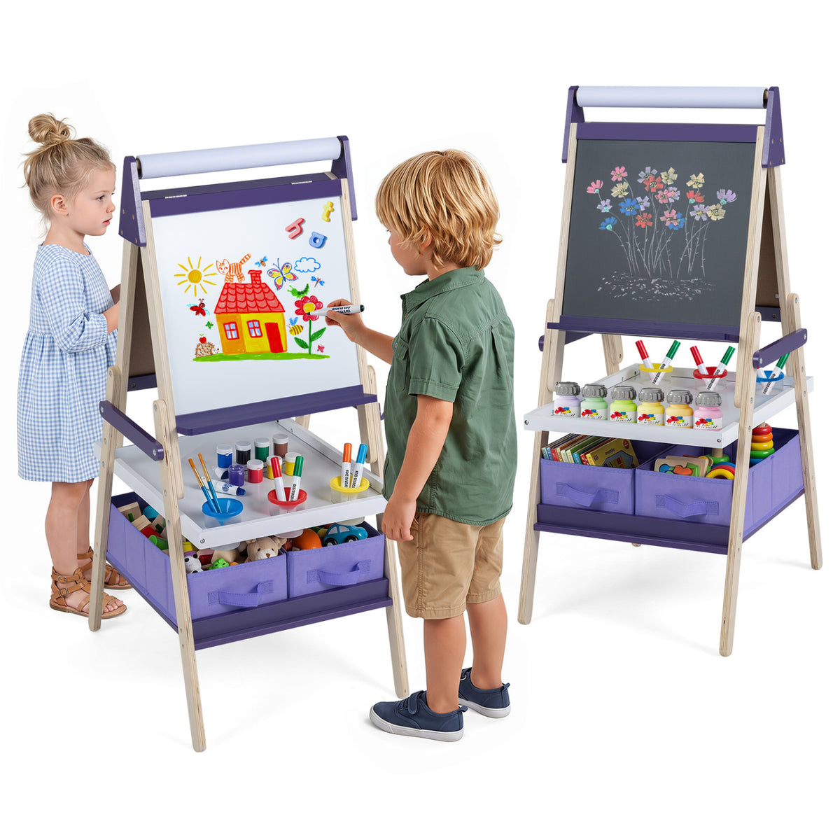 3-in-1 Art Easel for Kids with Magnetic Chalkboard and Whiteboard-Purple