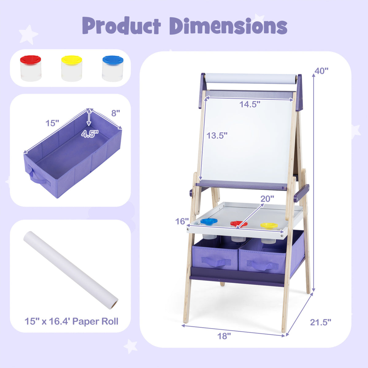 3-in-1 Art Easel for Kids with Magnetic Chalkboard and Whiteboard-Purple