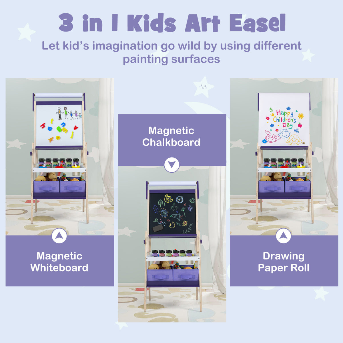3-in-1 Art Easel for Kids with Magnetic Chalkboard and Whiteboard-Purple