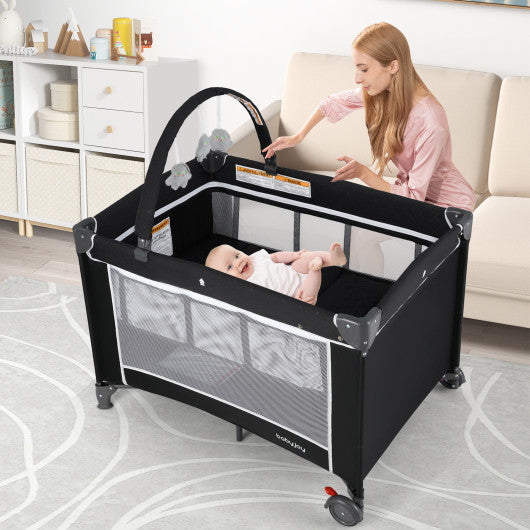 3-in-1 Portable Baby Crib and Playpen with Changing Table-Black