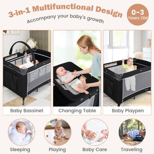 3-in-1 Portable Baby Crib and Playpen with Changing Table-Black