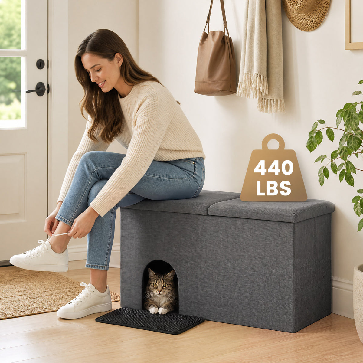 3-in-1 Cat Litter Box Enclosure with Removable & Movable Divider for Pets-Gray