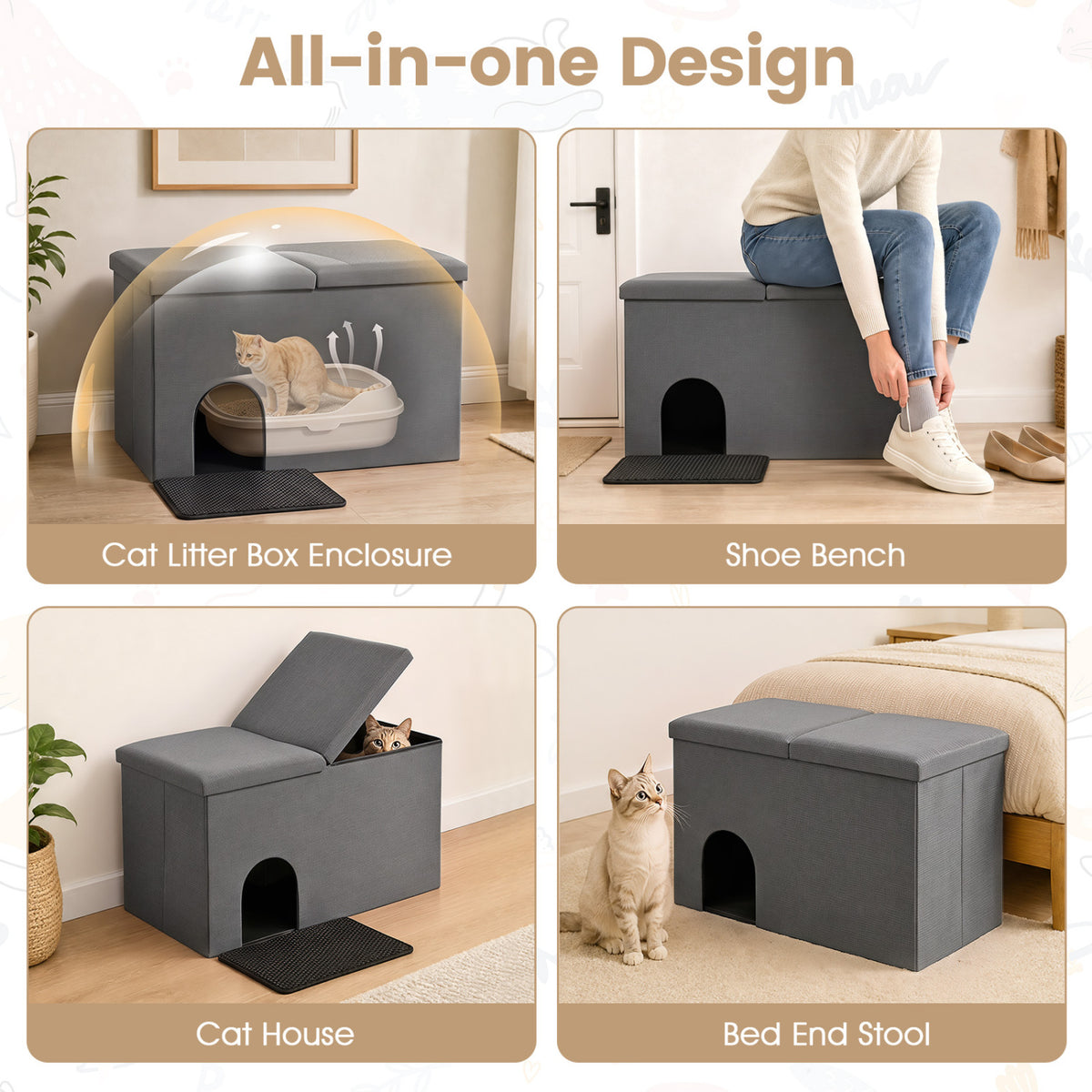3-in-1 Cat Litter Box Enclosure with Removable & Movable Divider for Pets-Gray