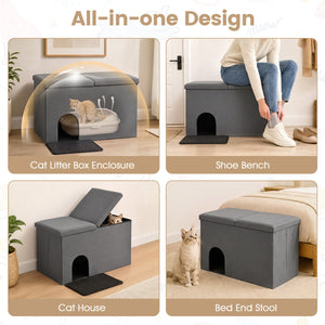 3-in-1 Cat Litter Box Enclosure with Removable & Movable Divider for Pets-Gray