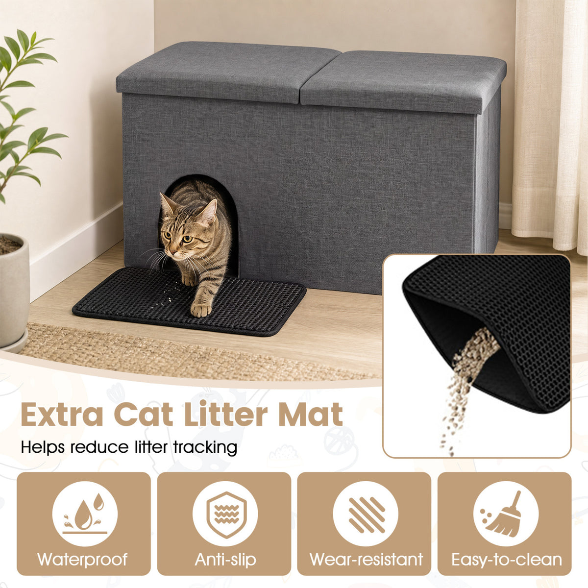3-in-1 Cat Litter Box Enclosure with Removable & Movable Divider for Pets-Gray