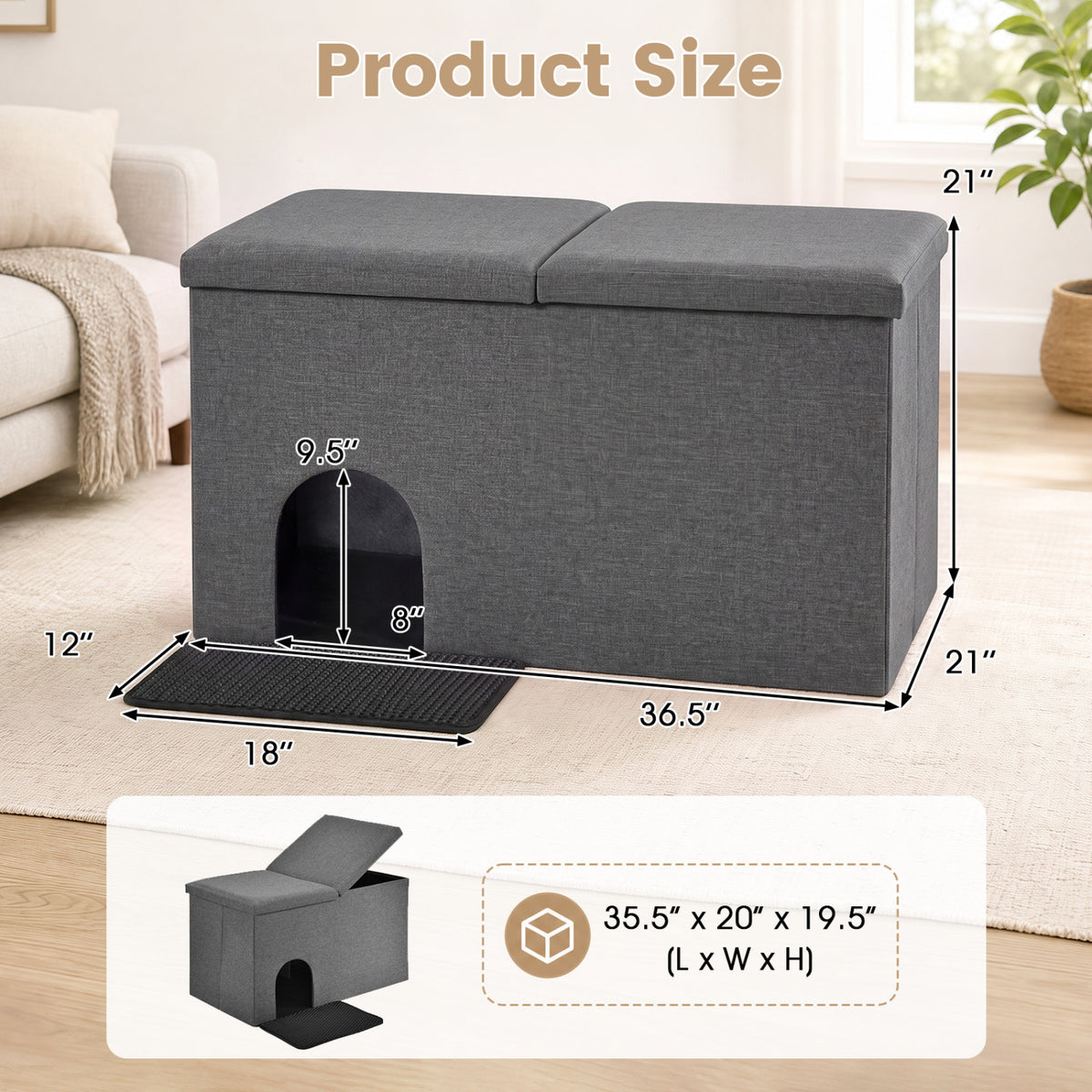 3-in-1 Cat Litter Box Enclosure with Removable & Movable Divider for Pets-Gray