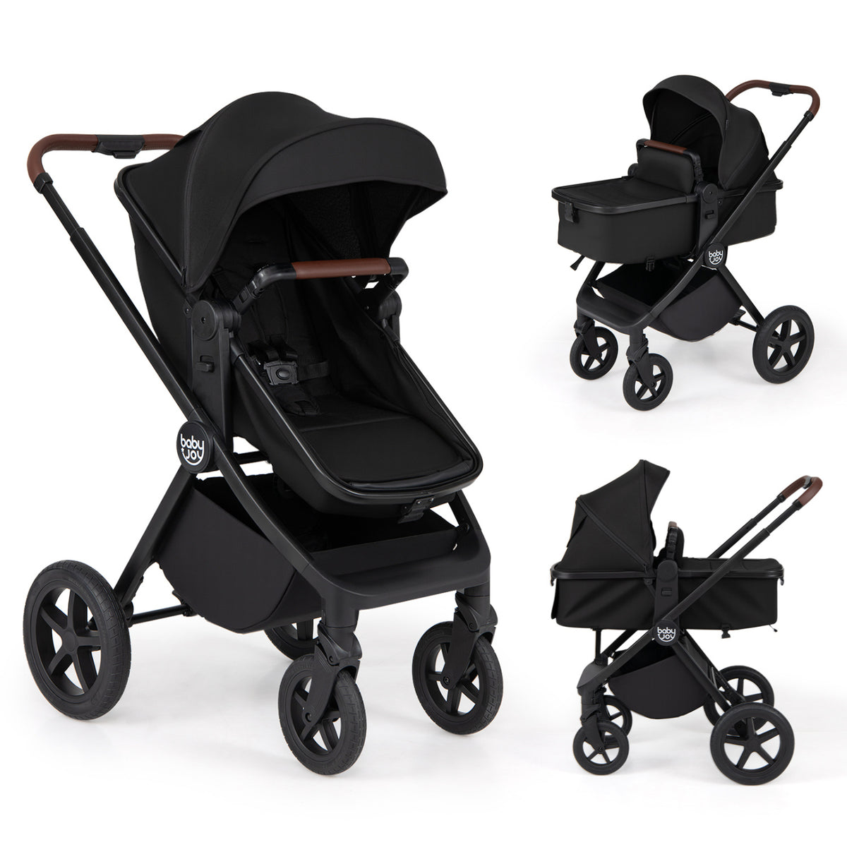 3-in-1 Convertible High Landscape Bassinet Stroller with Reversible Seat-Black