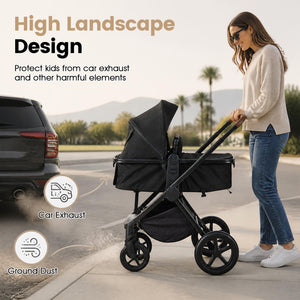 3-in-1 Convertible High Landscape Bassinet Stroller with Reversible Seat-Black