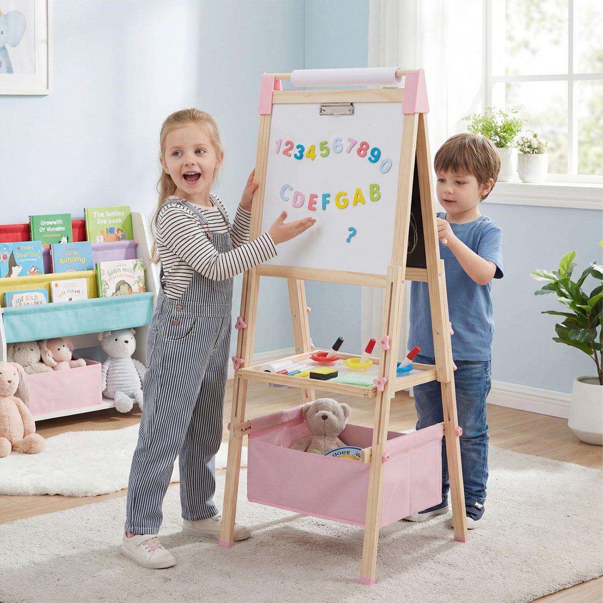 3-in-1 Double-Sided Adjustable Kid Easel for 3-8 Years Old Toddlers-Pink