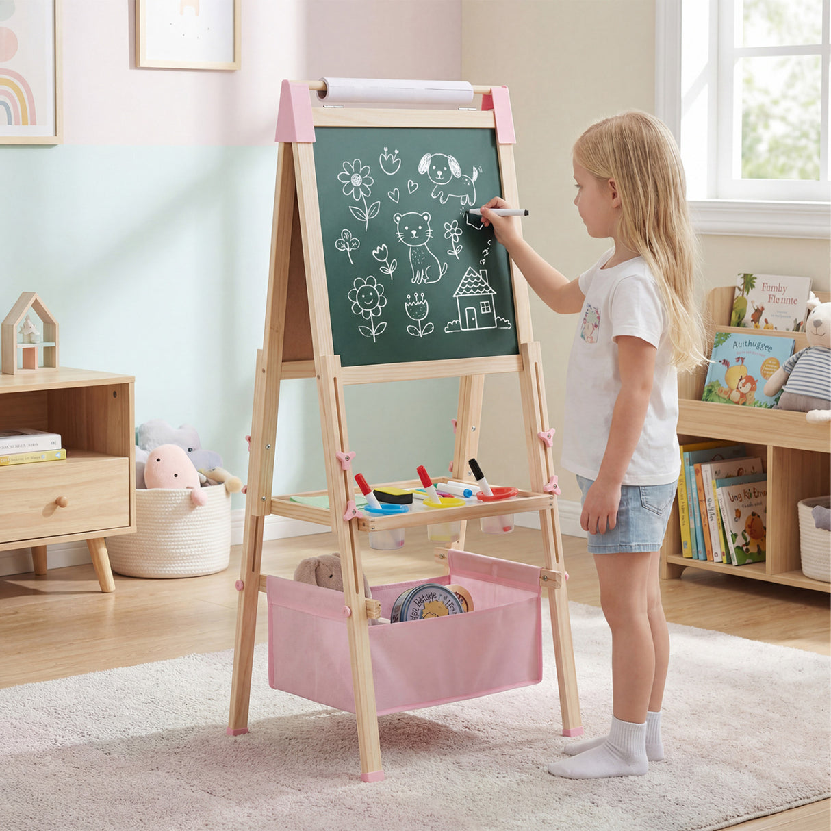 3-in-1 Double-Sided Adjustable Kid Easel for 3-8 Years Old Toddlers-Pink