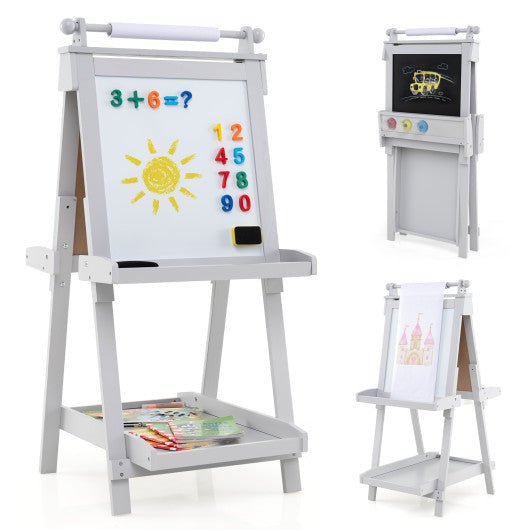 3-in-1 Double-sided Art Easel with Chalkboard and Magnetic Whiteboard-Gray
