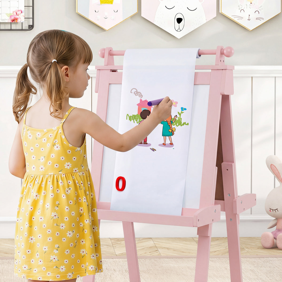 3-in-1 Double-sided Art Easel with Chalkboard and Magnetic Whiteboard-Pink
