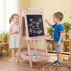 3-in-1 Double-sided Art Easel with Chalkboard and Magnetic Whiteboard-Pink