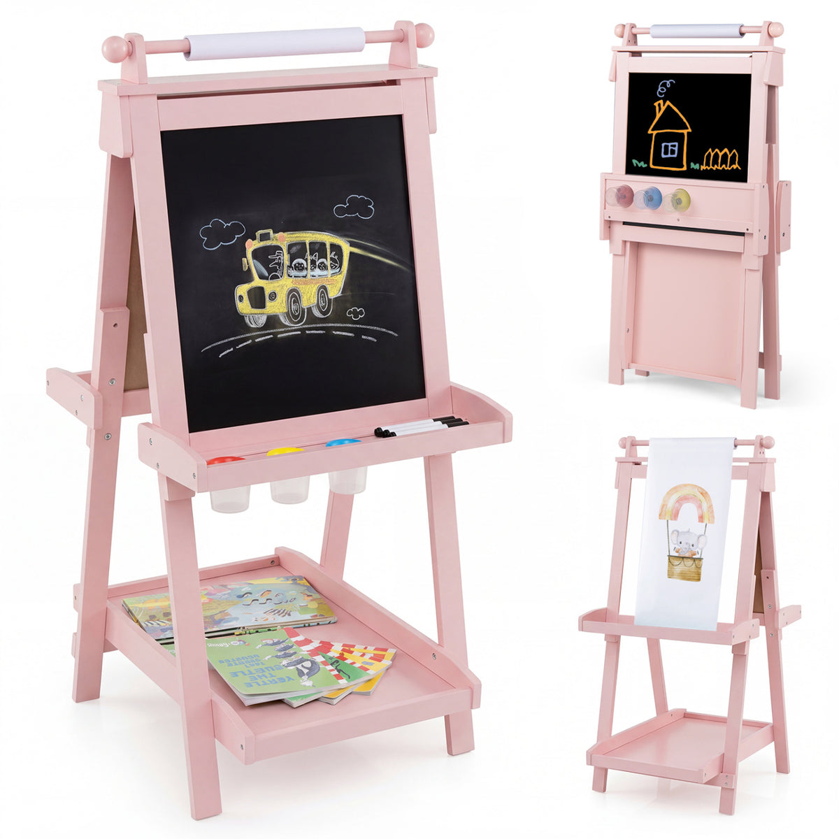 3-in-1 Double-sided Art Easel with Chalkboard and Magnetic Whiteboard-Pink