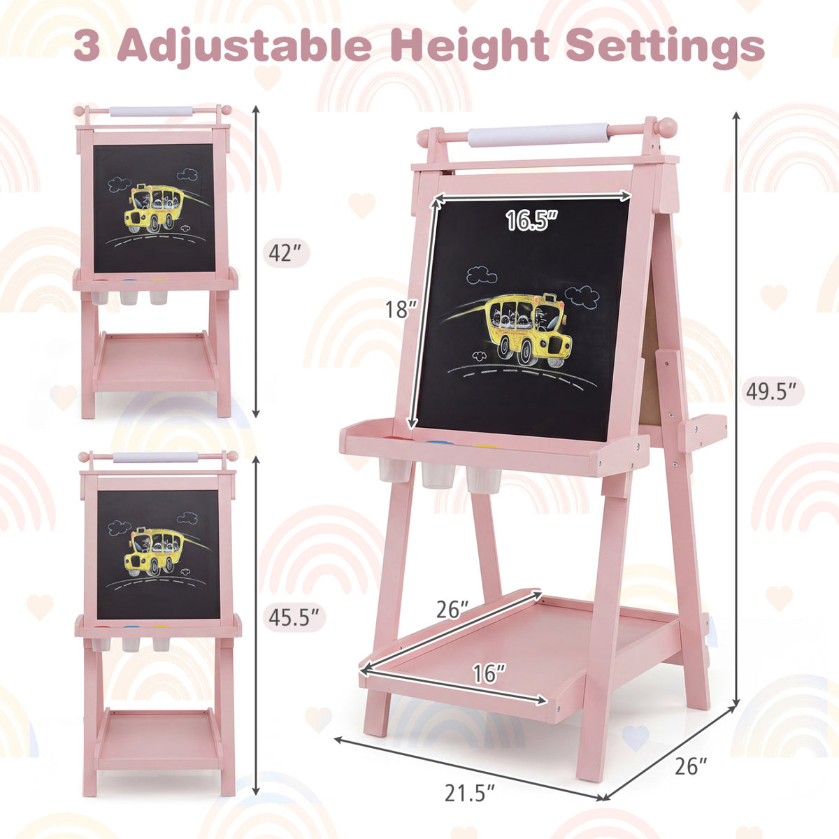 3-in-1 Double-sided Art Easel with Chalkboard and Magnetic Whiteboard-Pink
