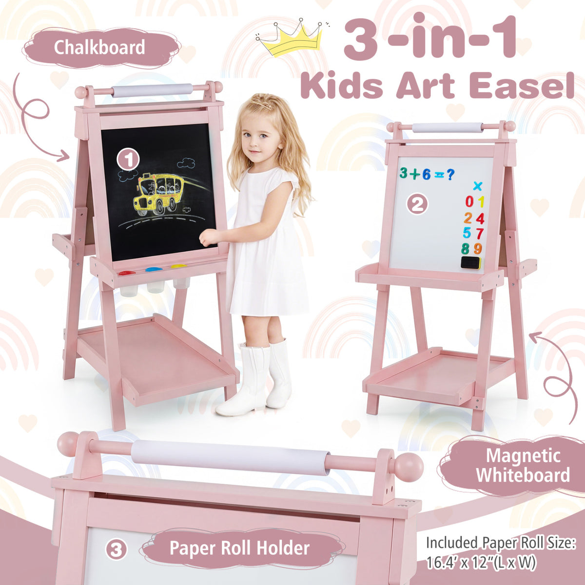 3-in-1 Double-sided Art Easel with Chalkboard and Magnetic Whiteboard-Pink