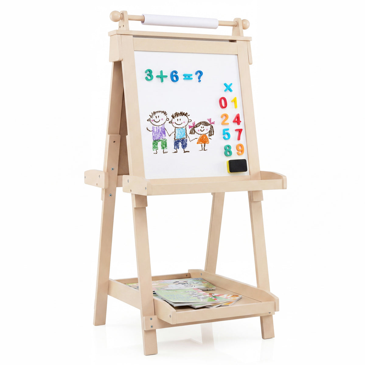3-in-1 Double-sided Art Easel with Chalkboard and Magnetic Whiteboard-Natrual