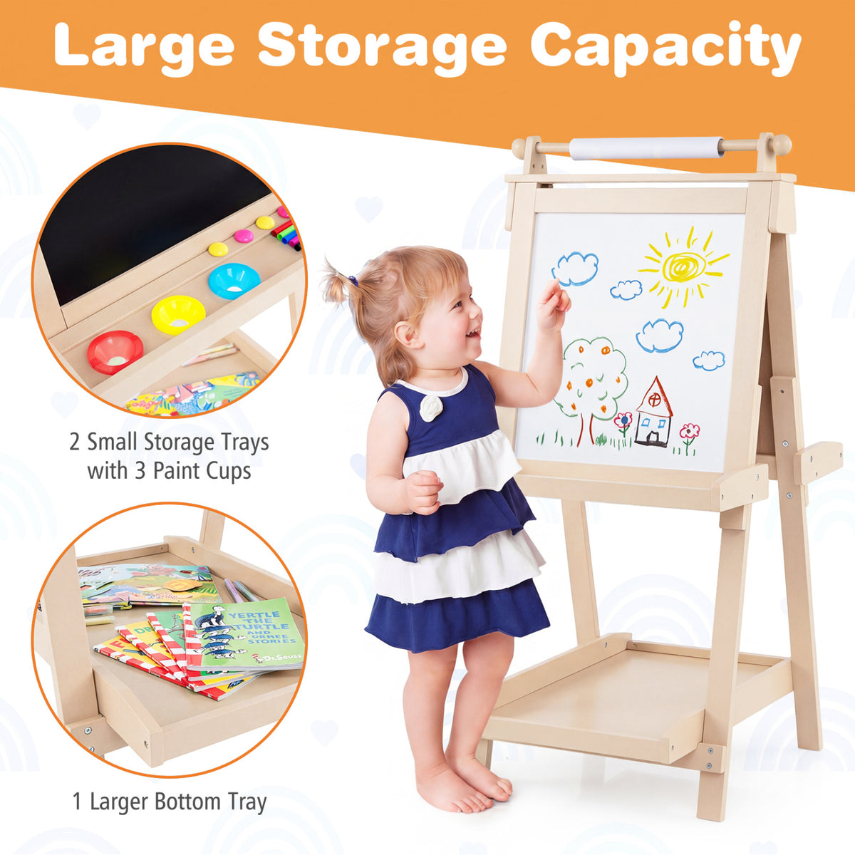 3-in-1 Double-sided Art Easel with Chalkboard and Magnetic Whiteboard-Natrual