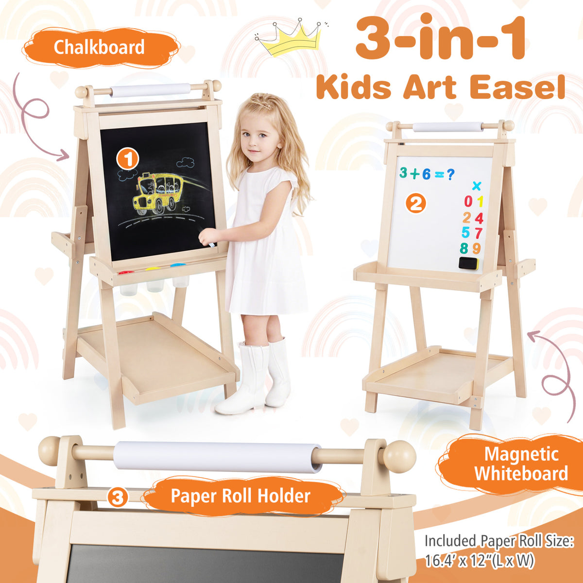 3-in-1 Double-sided Art Easel with Chalkboard and Magnetic Whiteboard-Natrual