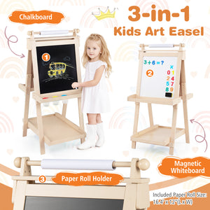 3-in-1 Double-sided Art Easel with Chalkboard and Magnetic Whiteboard-Natrual