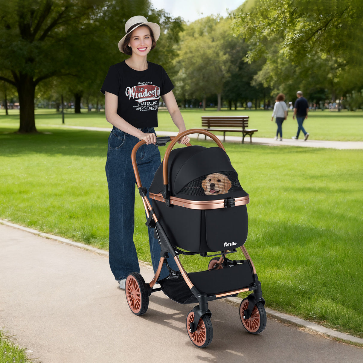 3-in-1 Foldable Pet Stroller with  Sun Shade and Safety Belt for up to 55 lbs Small Medium Dogs Cats-Black