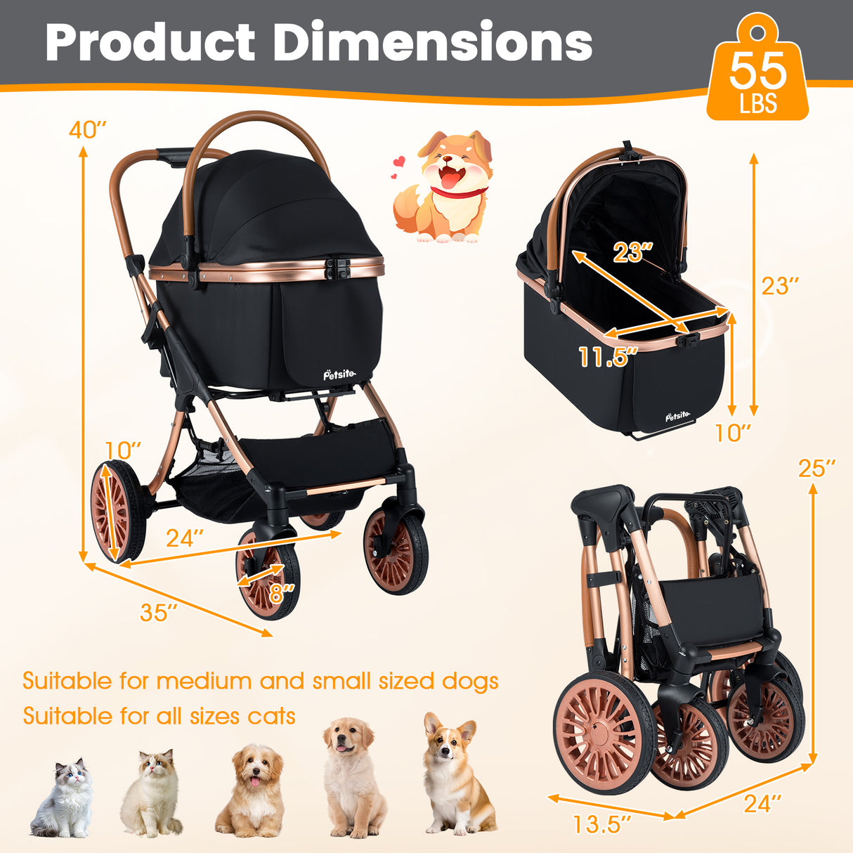 3-in-1 Foldable Pet Stroller with  Sun Shade and Safety Belt for up to 55 lbs Small Medium Dogs Cats-Black