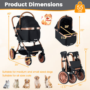 3-in-1 Foldable Pet Stroller with  Sun Shade and Safety Belt for up to 55 lbs Small Medium Dogs Cats-Black