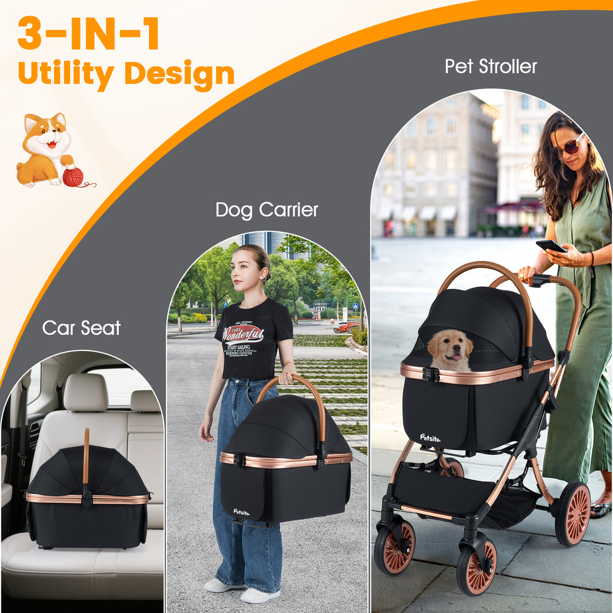 3-in-1 Foldable Pet Stroller with  Sun Shade and Safety Belt for up to 55 lbs Small Medium Dogs Cats-Black