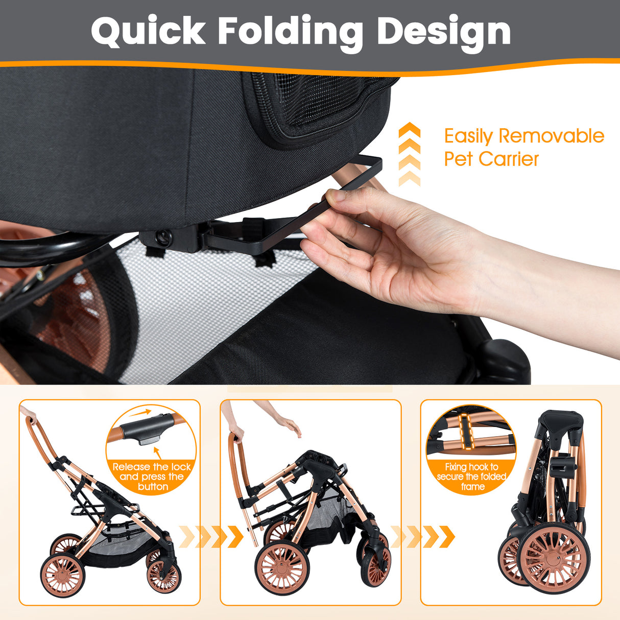 3-in-1 Foldable Pet Stroller with  Sun Shade and Safety Belt for up to 55 lbs Small Medium Dogs Cats-Black