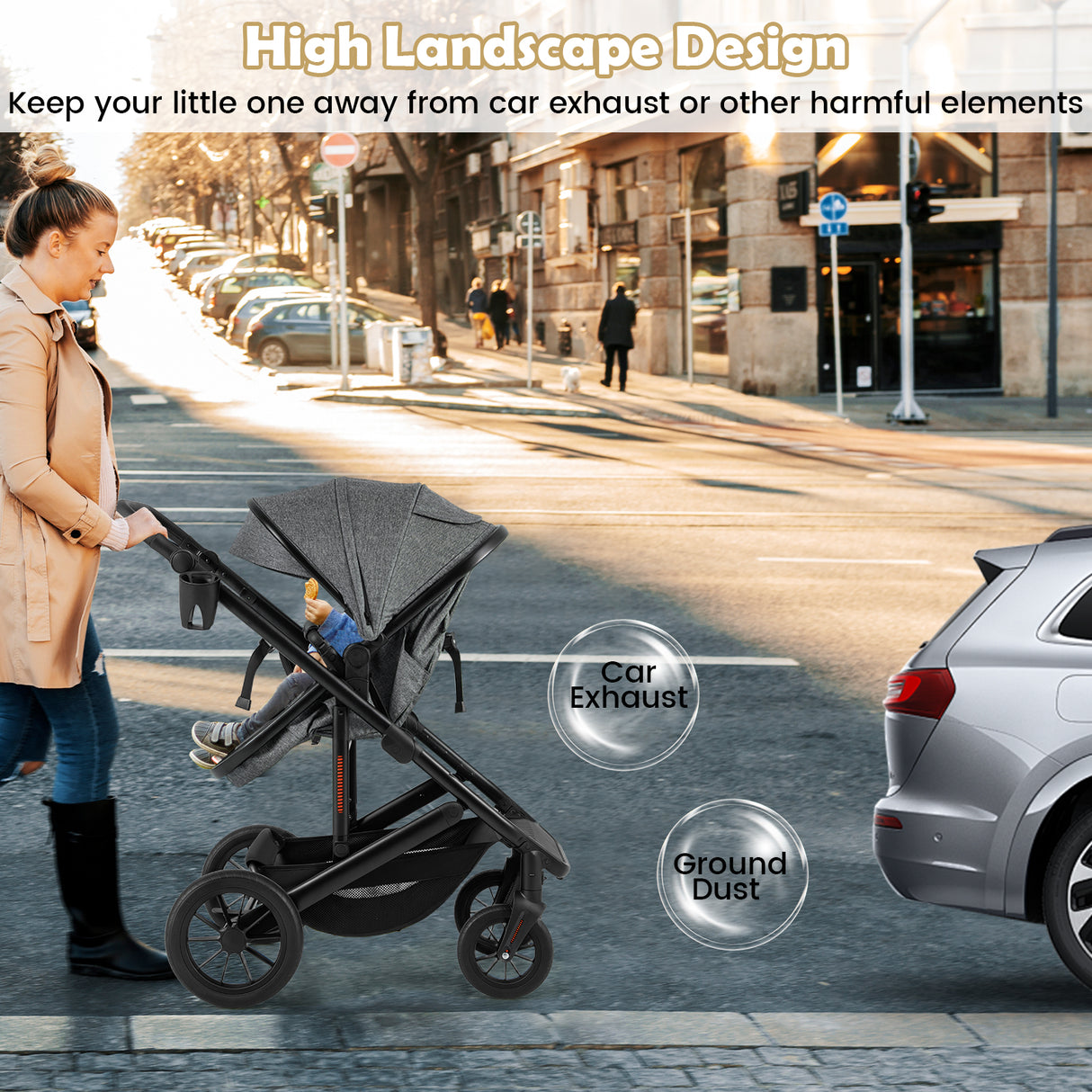 3-in-1 Folding Convertible Newborn Stroller with Detachable Bassinet-Gray
