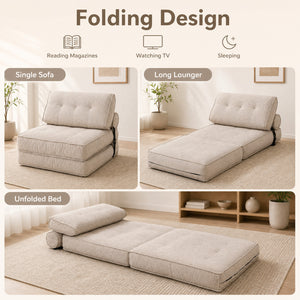 3-in-1 Folding Sofa with Bolster and Convertible Bed-Beige