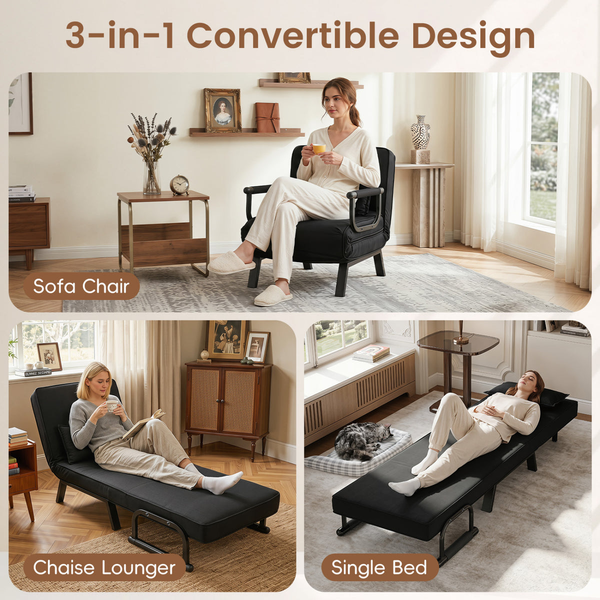 3-in-1 Folding Sofa Bed with Adjustable Backrest Comfy Cushion and Hidden Metal Legs-Black