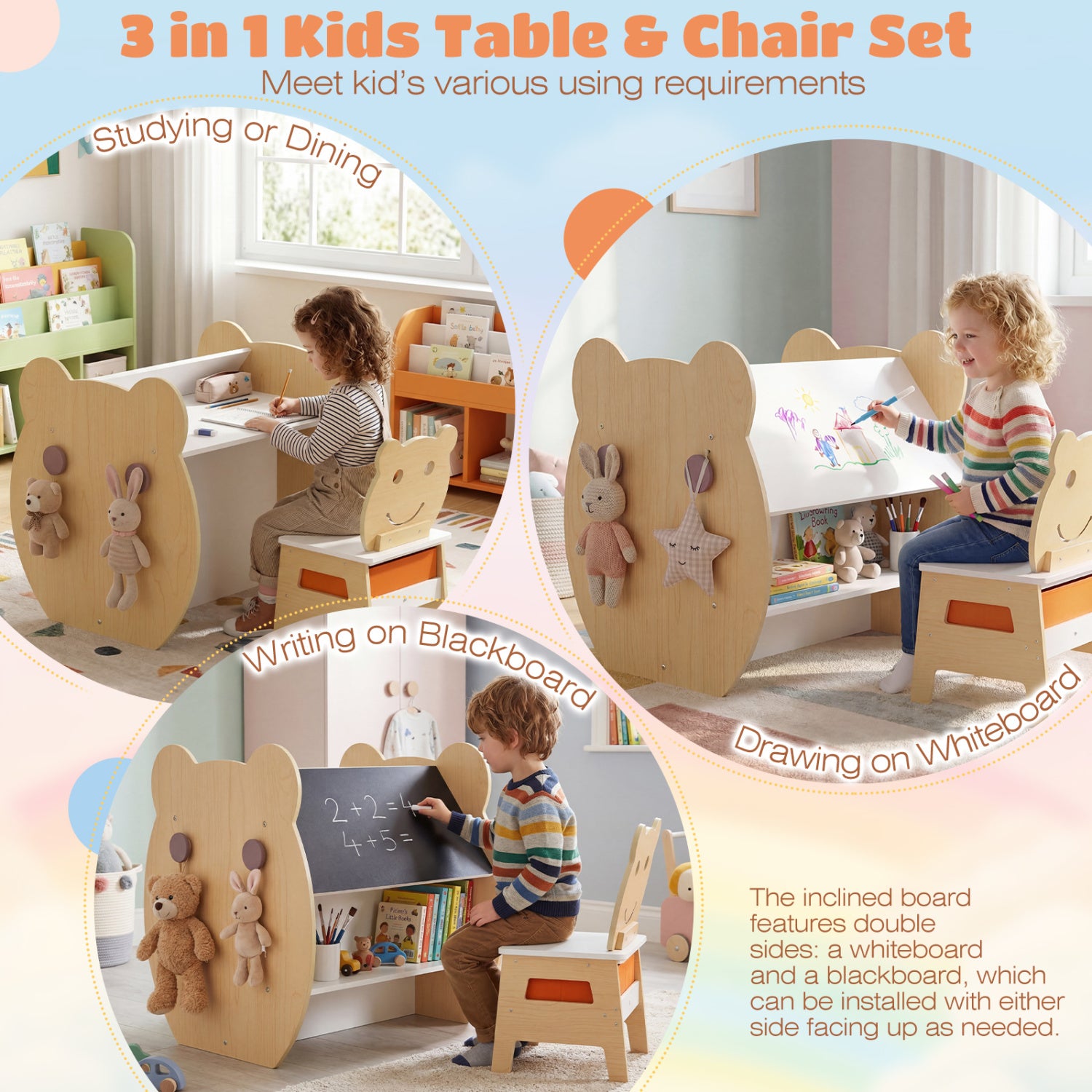 3-in-1 Kids Art Table and Chair with Storage and Reversible Whiteboard Chalkboard for Ages 3-10 Years Old-White