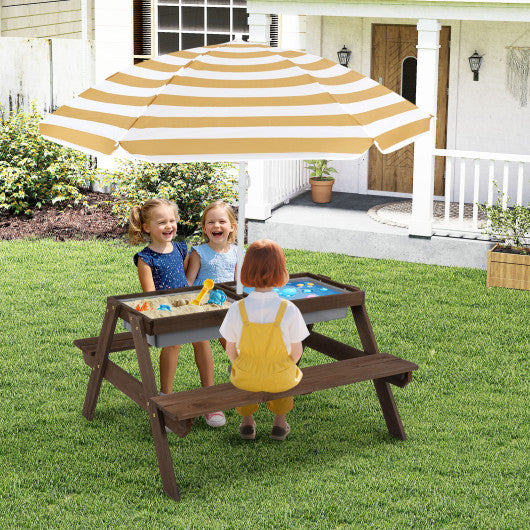 3-in-1 Kids Outdoor Picnic Water Sand Table with Removable Umbrella and Boxes-Coffee
