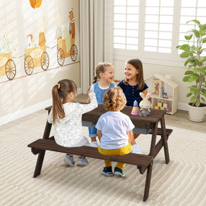 3-in-1 Kids Outdoor Picnic Water Sand Table with Removable Umbrella and Boxes-Coffee